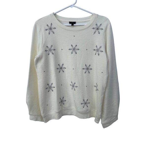 Talbots Embroidered Snowflake Crewneck Sweatshirt Women Small Ivory Cotton Blend - Picture 2 of 8